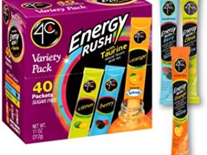 4C Energy Rush Stix, Single Serve Water Flavoring Packets, Sugar Free with Taurine, On the Go Bundle 40 Count (Variety Pack, 1 Pack)