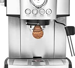 brim 15 Bar Espresso Machine, Cappuccino, Americano, Latte and Espresso Maker, Milk Steamer and Frother, Removable Parts for Easy Cleaning, Stainless Steel/Wood Accents, wood finish handle (50030)