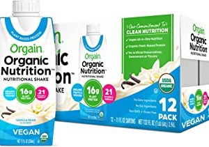 Orgain Organic Vegan Plant Based Nutritional Shake, Vanilla Bean - Meal Replacement, 16g Protein, 21 Vitamins & Minerals, Non Dairy, Gluten Free, Lactose Free, Kosher, Non-GMO (Packaging May Vary)