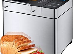 KBS Large 17-in-1 Bread Machine, 2LB All Stainless Steel Bread Maker with Auto Fruit Nut Dispenser, Nonstick Ceramic Pan, Full Touch Panel Tempered Glass, Reserve& Keep Warm Set, Oven Mitt and Recipes
