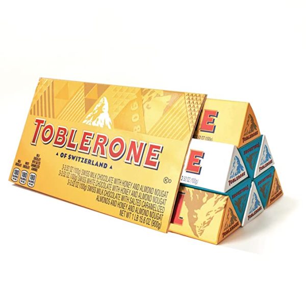 Toblerone Swiss Chocolate Gift Set, Milk Chocolate, White Chocolate & Crunchy Salted Caramelized Almond, Easter Chocolate, 9 - 3.52 oz Bars
