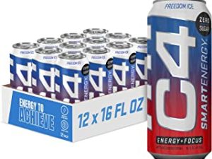 C4 Smart Energy Drink - Sugar Free Performance Fuel & Nootropic Brain Booster with No Artificial Colors or Dyes | Freedom Ice 16 Oz - 12 Pack