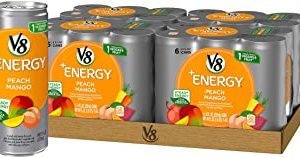 V8 +Energy, Healthy Drink, Natural Energy from Tea, Peach Mango, 8 Ounce Can (4 Packs of 6, Total of 24)