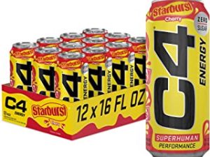 Cellucor C4 Energy Drink, Starburst Cherry, Carbonated Sugar Free Pre Workout Performance Drink with no Artificial Colors or Dyes, 16 Oz